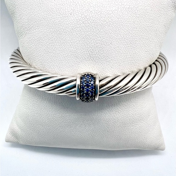 David Yurman Sterling Silver and Pave Blue Sapphire Station Bracelet - Picture 6 of 13